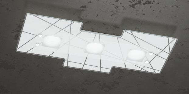 Collezione di lampade realizzate con lastre sagomate di vetro extrachiaro. Il lato a vista è trasparente e la colorazione retrostante bianca, viene impreziosita da una texture astratta realizzata con serigrafie satinate Collezione di lampade realizzate con lastre sagomate di vetro extrachiaro. Il lato a vista è trasparente e la colorazione retrostante bianca, viene impreziosita da una texture astratta realizzata con serigrafie satinate