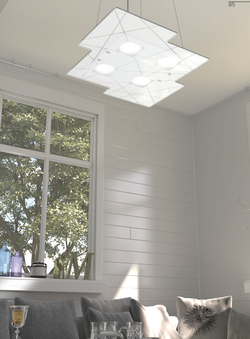 Collezione di lampade realizzate con lastre sagomate di vetro extrachiaro. Il lato a vista è trasparente e la colorazione retrostante bianca, viene impreziosita da una texture astratta realizzata con serigrafie satinate Collezione di lampade realizzate con lastre sagomate di vetro extrachiaro. Il lato a vista è trasparente e la colorazione retrostante bianca, viene impreziosita da una texture astratta realizzata con serigrafie satinate