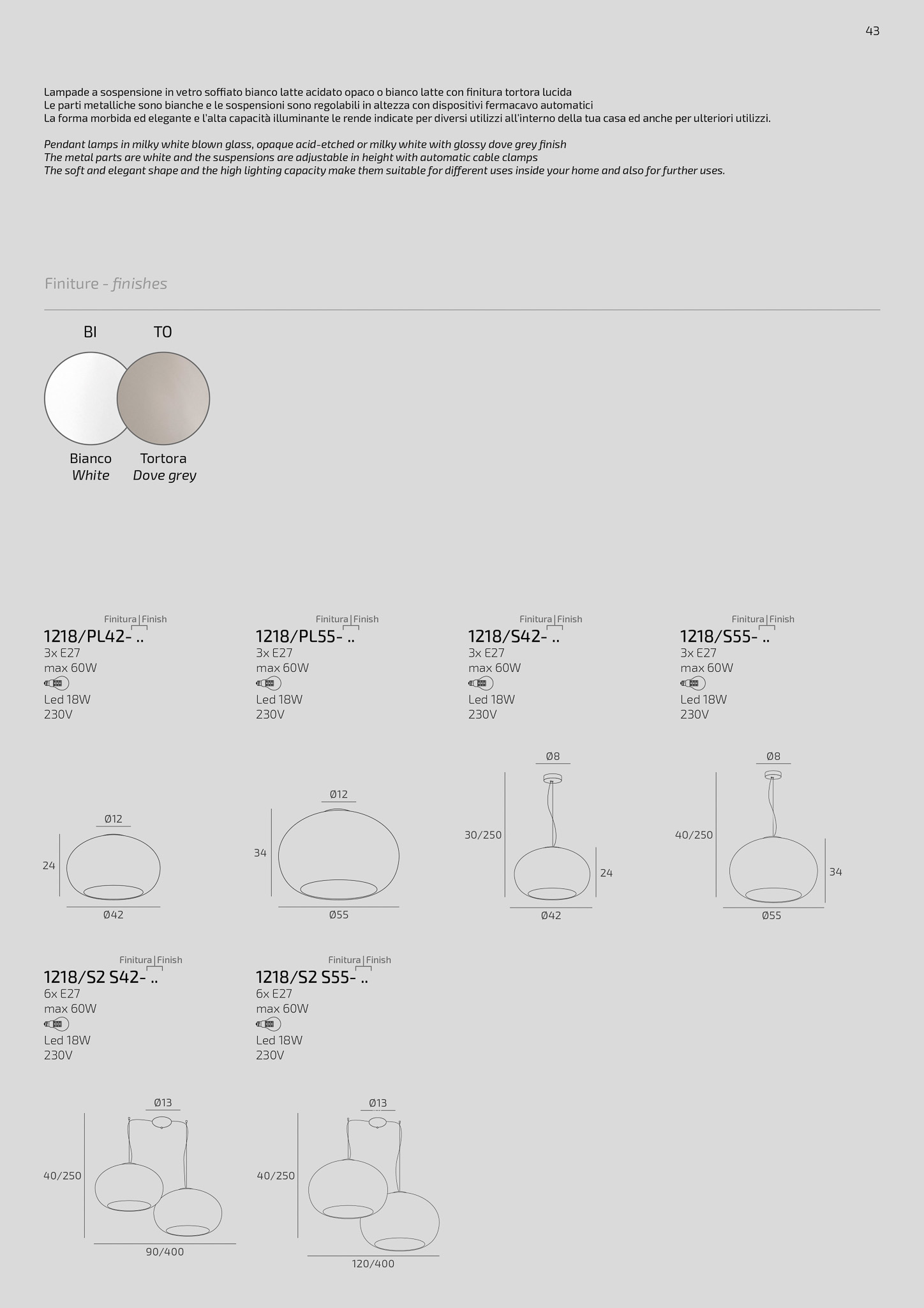 CASPER - SOSPENSIONE IN VETRO BIANCO ACIDATO O TORTORA