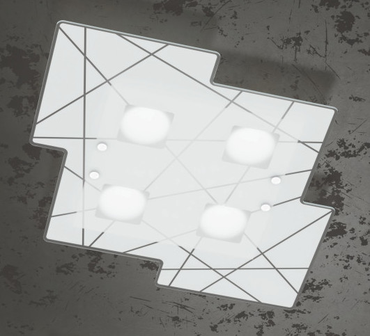 Collezione di lampade realizzate con lastre sagomate di vetro extrachiaro. Il lato a vista è trasparente e la colorazione retrostante bianca, viene impreziosita da una texture astratta realizzata con serigrafie satinate Collezione di lampade realizzate con lastre sagomate di vetro extrachiaro. Il lato a vista è trasparente e la colorazione retrostante bianca, viene impreziosita da una texture astratta realizzata con serigrafie satinate