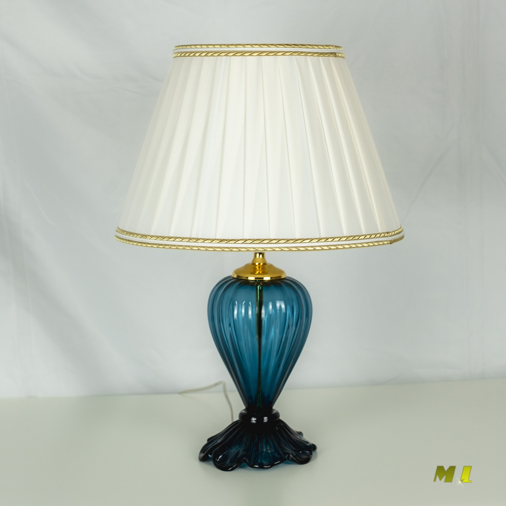 FARNESE - LAMPADA IN VETRO SOFFIATO COLOR DENIM - CON PARALUME ORO AVORIO