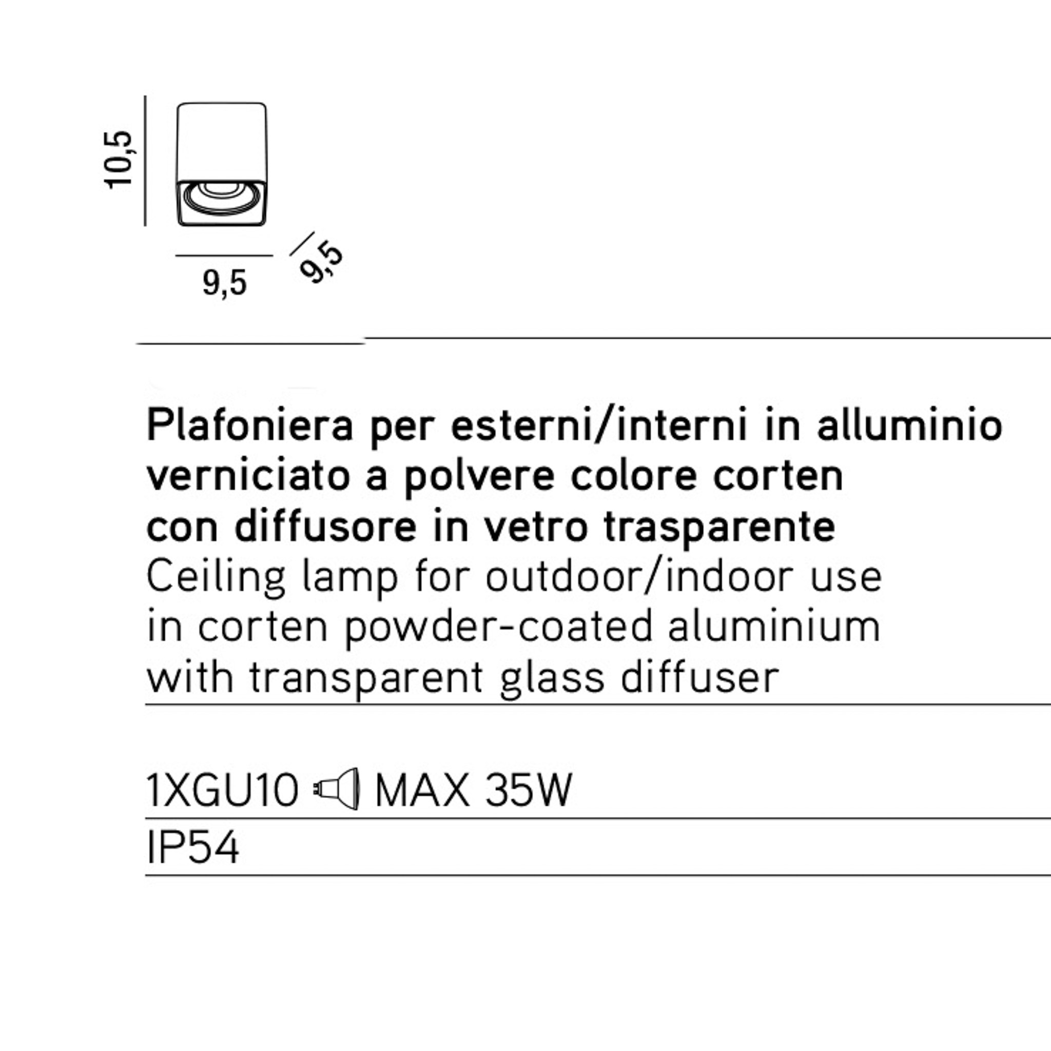 BRICK, PLAFONIERA PER ESTERNI/INTERNI IN ALLUMINIO VERNICIATO A POLVERE CON DIFFUSORE IN VETRO TRASPARENTE