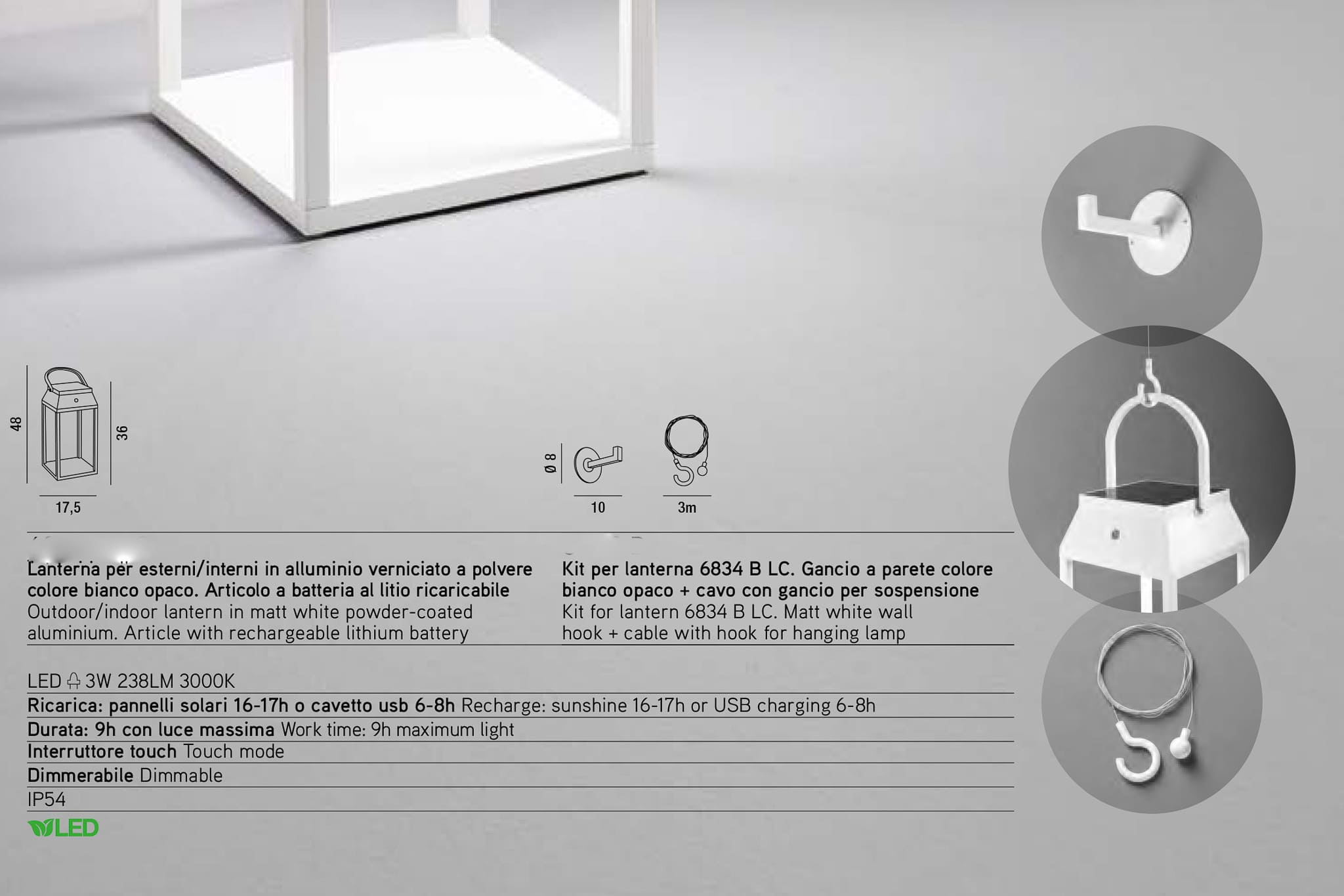 LANTERNA PER ESTERNI/INTERNI. A BATTERIA AL LITIO RICARICABILE