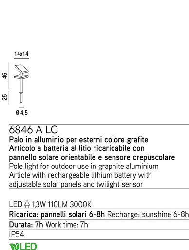 SOLAR, LINEA DA ESTERNO COLOR GRAFITE. BATTERIA AL LITIO RICARICABILE CON PANNELLO SOLARE E SENSORE CREPUSCOLAR