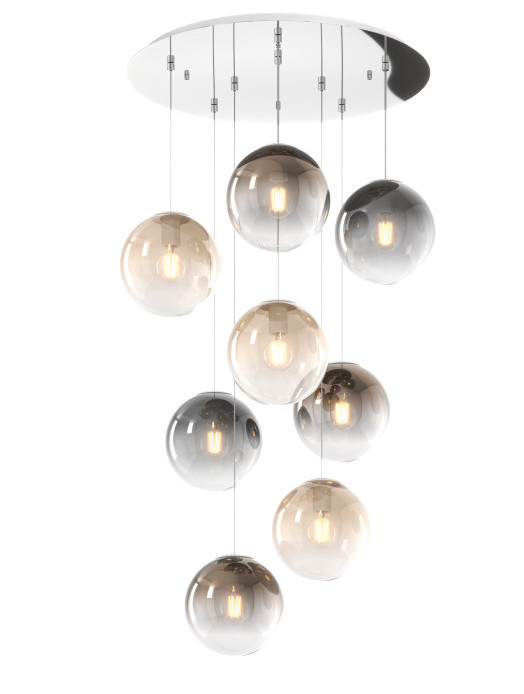 Collezione di lampade a sospensione composta da una o più sfere in vetro pirex soffiato regolabili in altezza e disponibili in diverse finiture e dimensioni.