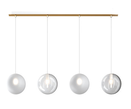 Collezione di lampade a sospensione composta da una o più sfere in vetro pirex soffiato regolabili in altezza e disponibili in diverse finiture.