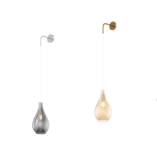 Collezione di lampade a sospensione composte da una o più gocce in vetro soffiato e lampade da parete disponibili nelle versioni con vetri piccoli.