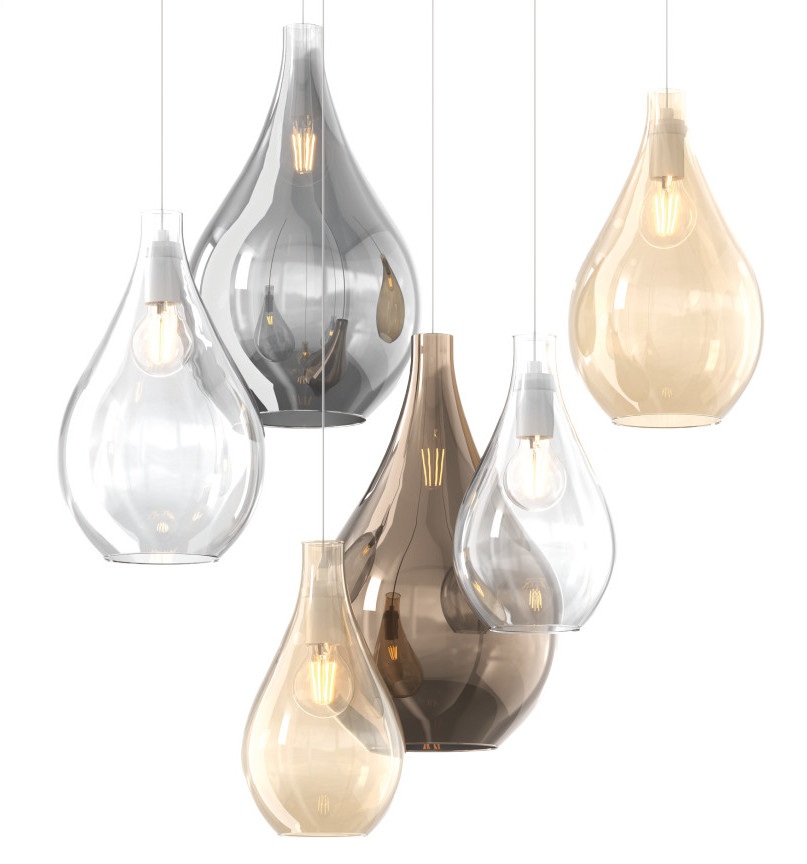 Collezione di lampade a sospensione composte da una o più gocce in vetro soffiato e lampade da parete disponibili nelle versioni con vetri piccoli.