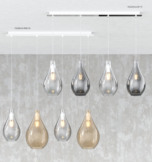 Collezione di lampade a sospensione composte da una o più gocce in vetro soffiato e lampade da parete disponibili nelle versioni con vetri piccoli.