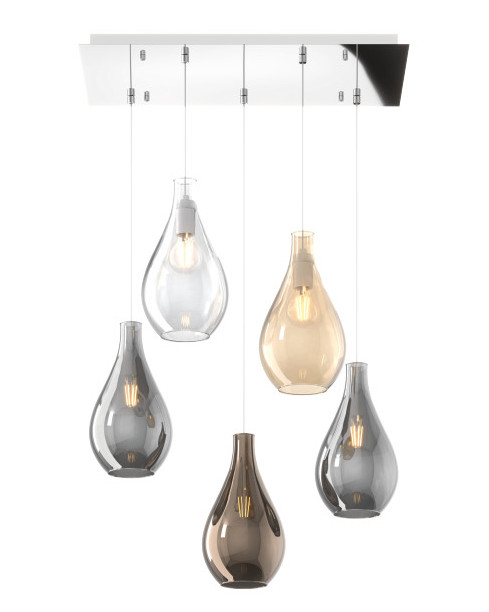 Collezione di lampade a sospensione composte da una o più gocce in vetro soffiato e lampade da parete disponibili nelle versioni con vetri piccoli.