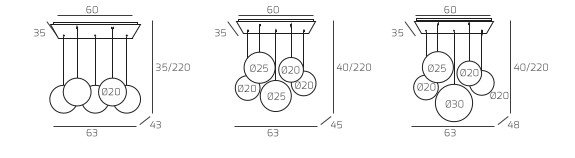 Collezione di lampade a sospensione composta da una o più sfere in vetro pirex soffiato regolabili in altezza e disponibili in diverse finiture e dimensioni.