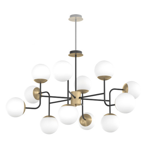 Collezione di lampade composte da strutture in metallo verniciato nero con particolari in ottone satinato e diffusori in vetro bianco soffiato e acidato opaco