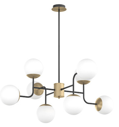 Collezione di lampade composte da strutture in metallo verniciato nero con particolari in ottone satinato e diffusori in vetro bianco soffiato e acidato opaco