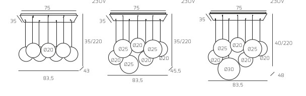 Collezione di lampade a sospensione composta da una o più sfere in vetro pirex soffiato regolabili in altezza e disponibili in diverse finiture e dimensioni.