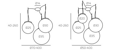 Collezione di lampade composte da vetri soffiati di forma sferica in finitura acidato opaco. Le parti metalliche sone cromate e le sospensioni sono regolabili in altezza con dispositivi fermacavo automatici.