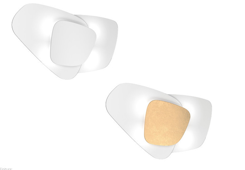 Collezione di lampade da parete o da plafone con struttura metallica verniciata bianca e piastra frontale disponibile in diverse finiture.