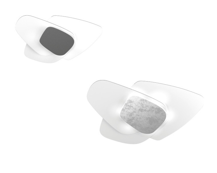 Collezione di lampade da parete o da plafone con struttura metallica verniciata bianca e piastra frontale disponibile in diverse finiture.