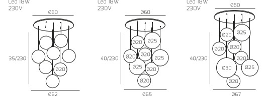 Collezione di lampade a sospensione composta da una o più sfere in vetro pirex soffiato regolabili in altezza e disponibili in diverse finiture e dimensioni.