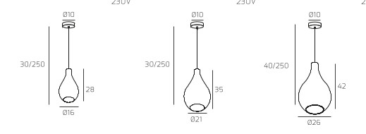 Collezione di lampade a sospensione composte da una o più gocce in vetro soffiato e lampade da parete disponibili nelle versioni con vetri piccoli.