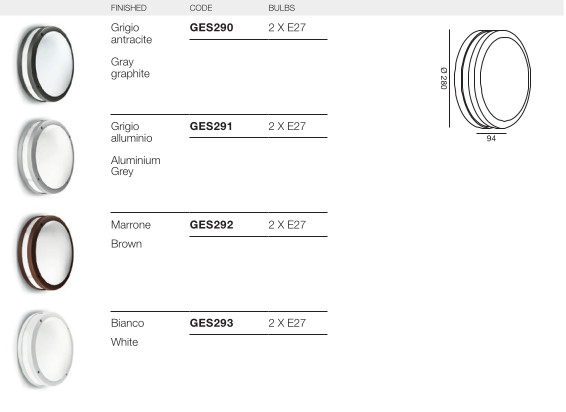 Plafoniera. Struttura in alluminio. Finitura in bianco grigio, grigio alluminio, grigio antracite o marrone. Diffusore in metacrilato lucido.