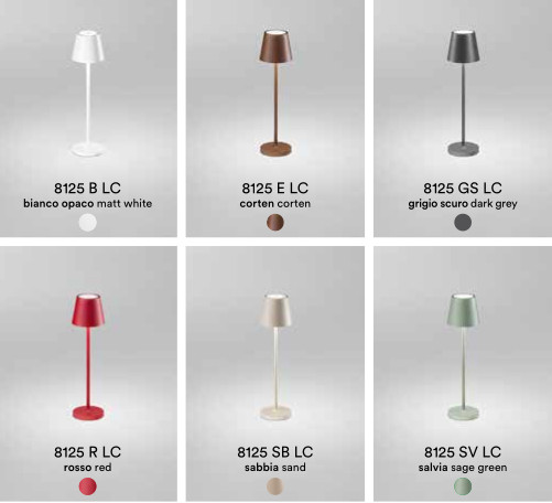 Lampada da tavolo ricaricabile a batterie in alluminio pressofuso verniciato a polvere per uso interno/esterno.