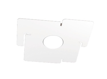 Collezione di lampade a plafone ed a sospensione realizzate con lastre in metallo verniciato bianco in diverse forme.