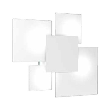 Collezione di lampade da parete o da plafone con struttura metallica verniciata bianca e piastra frontale disponibile in diverse finiture.