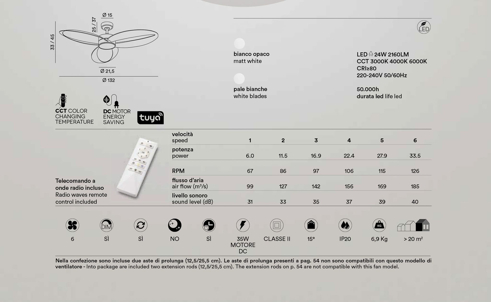 ELIO - ventilatore da soffitto bianco - gestione da remoto o telecomando incluso