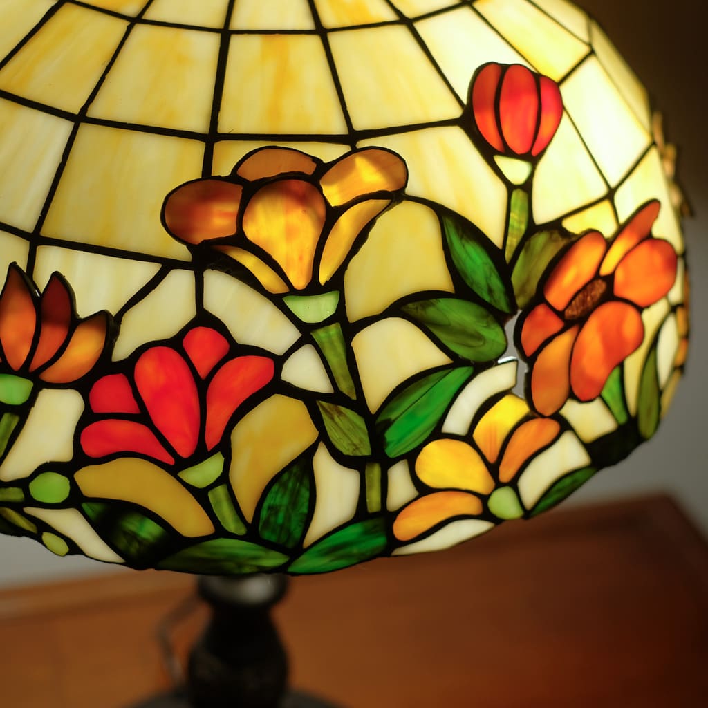 DOLOMITI - LAMPADARIO TIFFANY CON INSERTI IN VETRO FLOREALI DECORATI IN RILIEVO - 1xLAMPADA E27