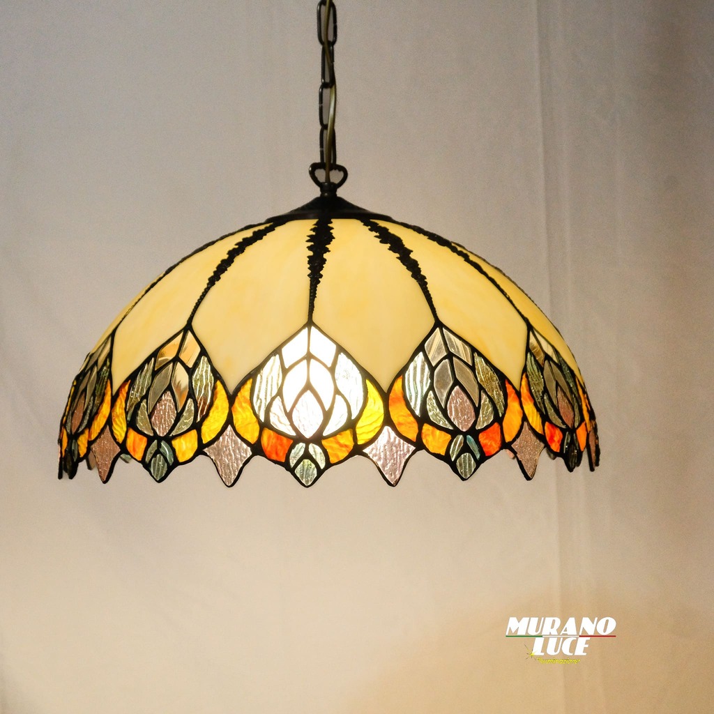 LAMPADARIO TIFFANY ELEGANT - VETRELEGANT - LAMPADA 1xE27 - SOSPENSIONE TIFFANY CON MONTATURA BRUNITA