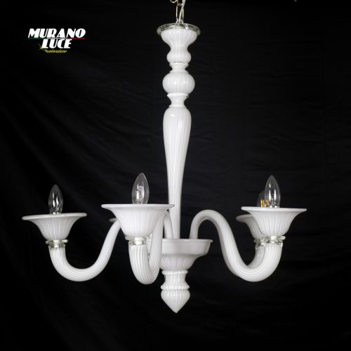 MURANO 5 LUCI WHITE - LAVORAZIONE RIGATA IN VETRO BIANCO LUCIDO - 5 LUCI x E14