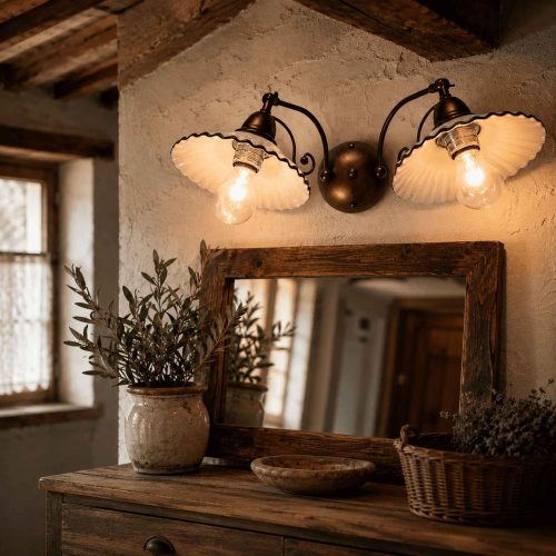 EASY 2 LUCI - APPLIQUE RUSTICA CON DIFFUSORI IN CERAMICA BIANCO SMALTATO